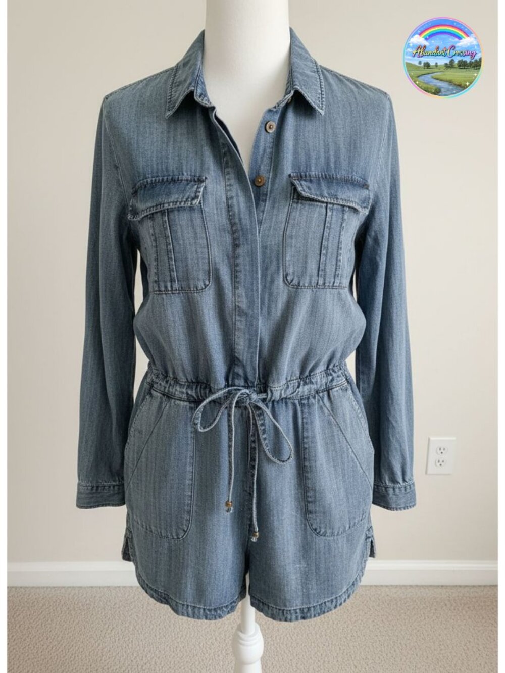 Women's 100% Cotton Button Down Belted Denim Jumpsuit Romper Long Sleeve Pockets